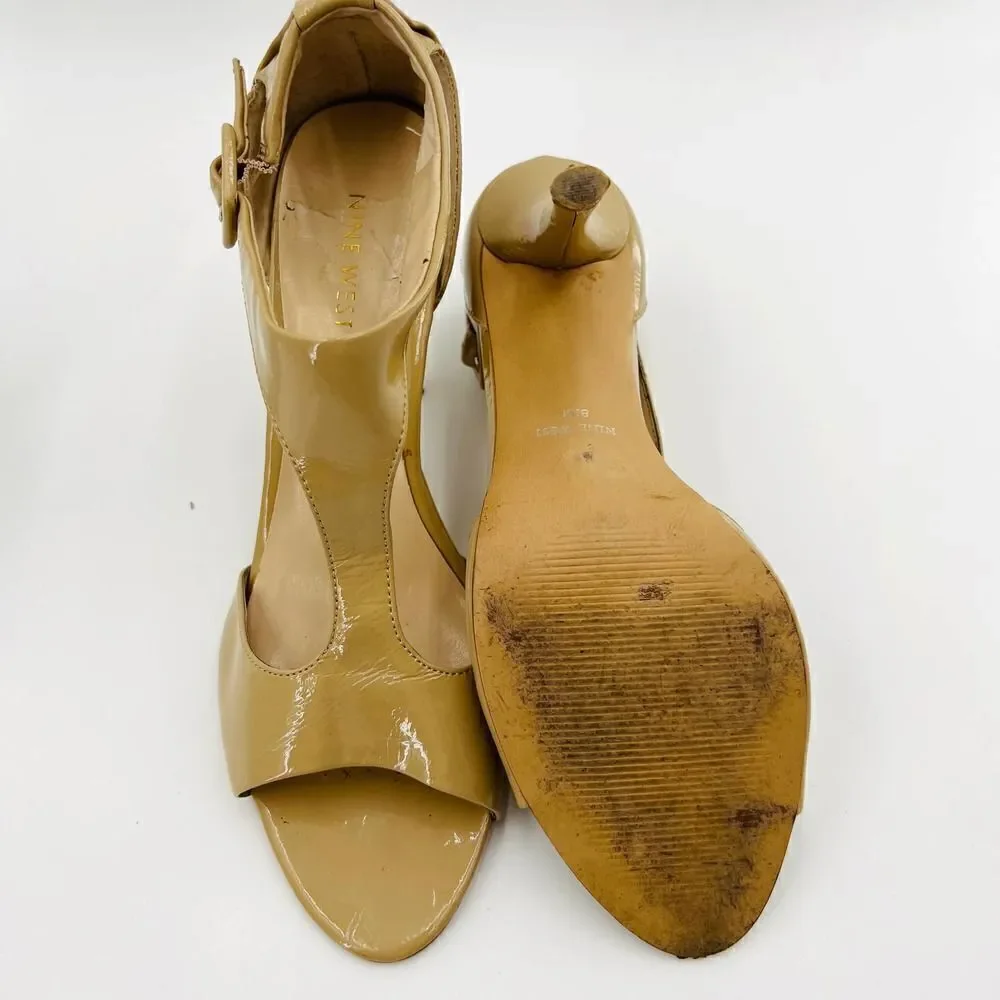 Nine West Nude Patent Leather T Strap Peep Toe Heels Sandals Size 8.5
